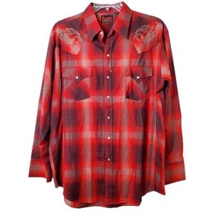 Plains Western Wear Men's Red Plaid Pearl Snap Shirt With Embroidered Yoke